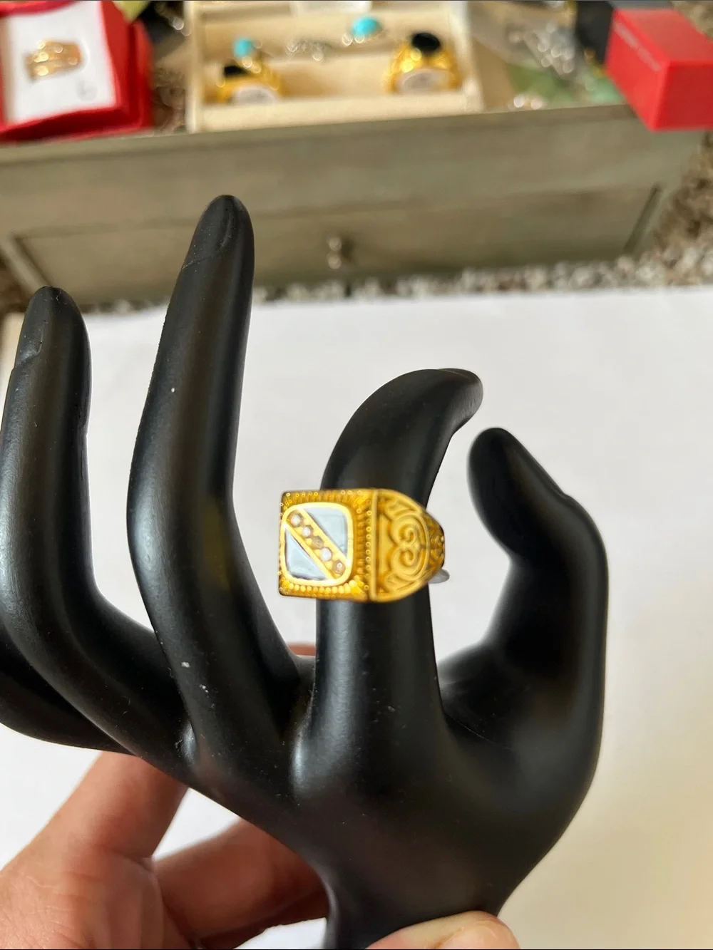 18k Plated Men’s Signet Ring with Black Onyx and Clear Stones size 7